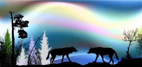 オーロラのオオカミと木のシルエットの つ北の風景です オーロラ 野生動物との青 ピンクと黒の風景 — ストックベクタ