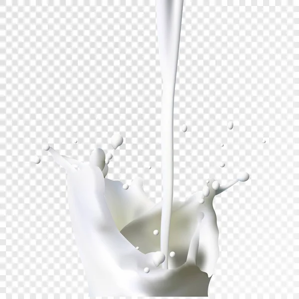 Illustrazione vettoriale. Realistico flusso di latte che cade con gocce e spray — Vettoriale Stock