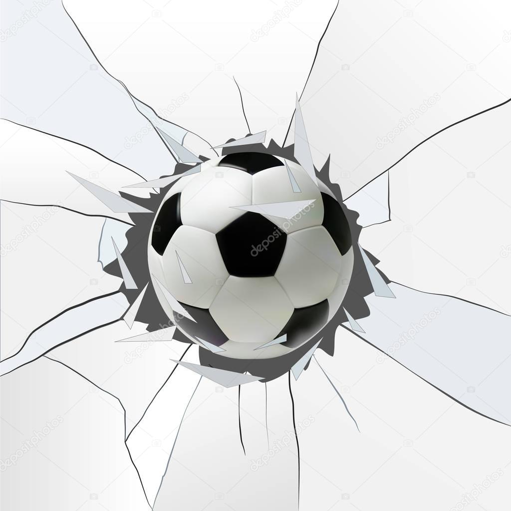 Sport vector illustration with soccer ball coming in cracked glass