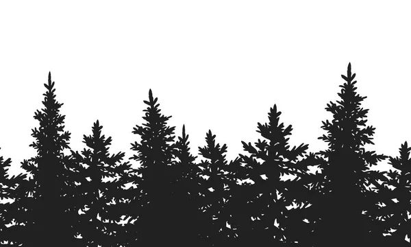 Vector landscape. Silhouette of coniferous trees on the white background. Horizontal seamless — Stock Vector