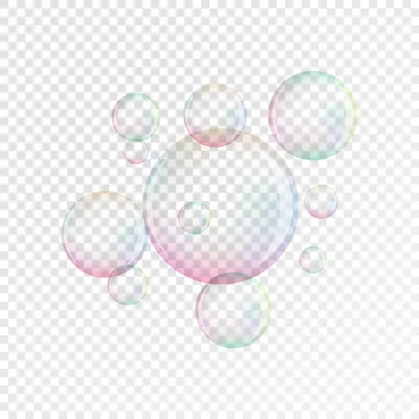 Bulles de savon transparentes. Bulles de savon réalistes. Bulles de savon à réflexion arc-en-ciel. Illustration vectorielle isolée . — Image vectorielle