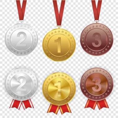 Altın, gümüş ve bronz ödül kümesi kırmızı kurdele ile madalyalar. Vektör set, şeffaf arka plan üzerinde izole. Premium rozetleri. Düğmeler simgeler paralar.