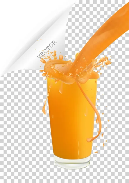 Copo de suco de laranja com spray e gotas. Bebida orgânica de frutas. Foto ilustração vetorial realista . — Vetor de Stock