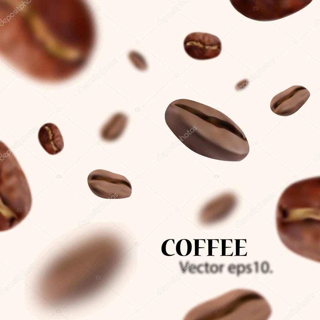 Vividly flying realistic coffee beans with blur effect. White background. Vector illustration.