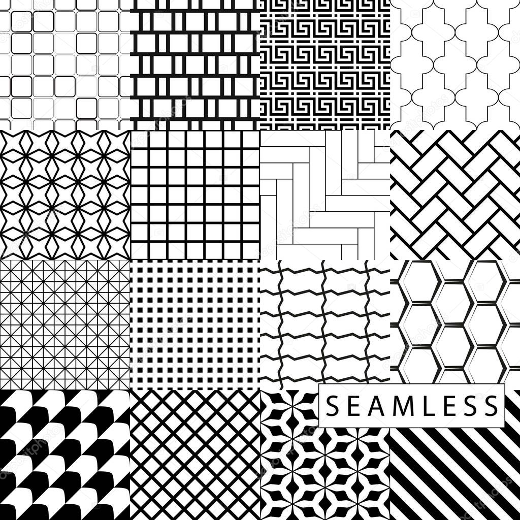 16 Universal different vector seamless patterns. Endless texture can be used for wallpaper, pattern fills, web page background,surface textures. Vector simple set