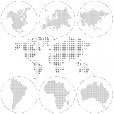 Noktalı Dünya Haritası. Kuzey Amerika, Güney Amerika, Avustralya, Afrika, Avrupa, Asya, dünya harita nokta. Vektör eps10