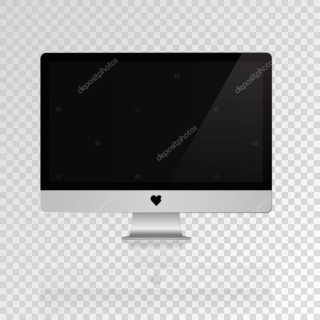 Vector photo realistic empty computer monitor. Pc display isolated on transparent background. Logo bitten heart. Mock up