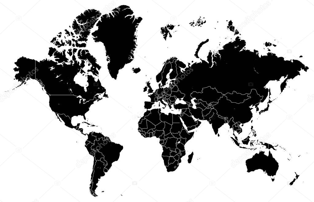 Black map of world with countries borders. Very high level of accuracy with satellite