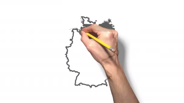 Alemania mapa de dibujos animados de pizarra blanca dibujo animado de la Alemania continental sobre un fondo blanco. Mano con lápiz dibujando una tarjeta al estilo de garabatos . — Vídeos de Stock