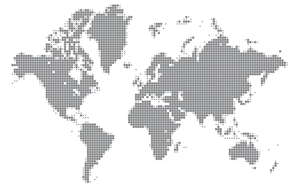 Vector van de wereldkaart in een pixel art stijl. Kaart met licht medisch concept voor Covid-19 — Stockvector