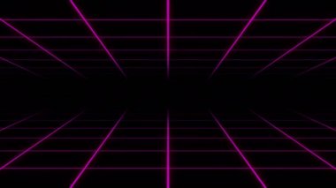 Elektronik tekno-80 'lerin dünyası içeride. Mor proton bilgisayar ızgarası ve yumuşak lazer parıltısı. Sonsuz döngü yolu