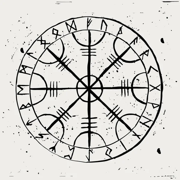 Aegishjalmur. Amuleto rúnico escandinavo con futhark en círculo. Símbolo de protección. Casco del horror . — Archivo Imágenes Vectoriales
