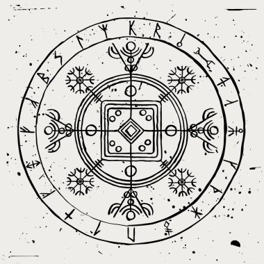  Hulinhjalmur. Runik Galdrastafir. Bir daire içinde İzlanda rünleriyle görünmezliğin sihirli işareti.