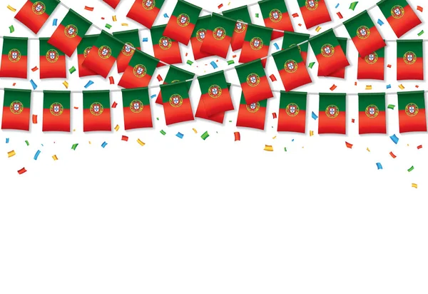 Portugal drapeaux guirlande fond blanc avec confettis — Image vectorielle