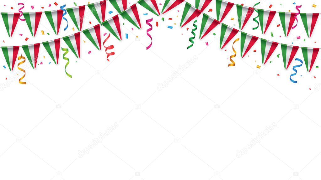 Italy flags garland white background with confetti