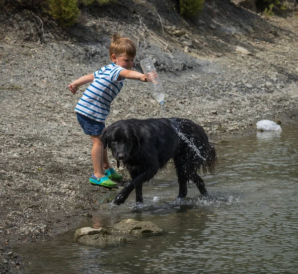 Gran perro negro y su pequeño niño jugando en la orilla de un lago —  Fotos de Stock