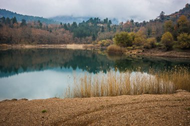 Lake Tsivlos, Peloponnese yeşil suları ile sonbahar manzara,