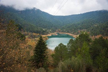 Lake Tsivlos, Peloponnese yeşil suları ile sonbahar manzara,