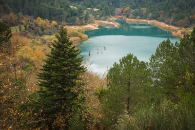 Lake Tsivlos, Peloponnese yeşil suları ile sonbahar manzara,