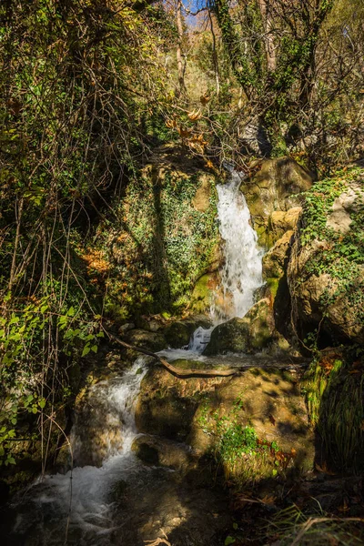 Paysage pittoresque d'automne de montagne avec rivière et cascades, P — Photo