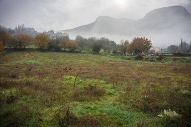 Doğal sisli sonbahar manzara modunda Vouraikos gorge yakınındaki demiryolu, G