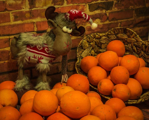 Christmas reindeer and  pile of oranges at  brick wall — Stock Photo, Image