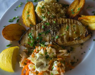 Patates kızartması, pilav ve salata garnitür ile balık