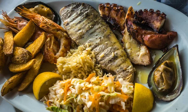 Змішана страва з риби та морепродуктів на овальній тарілці — стокове фото