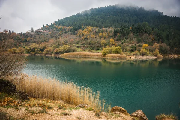 Herbstlandschaft mit grünem Wasser des Tsivlos-Sees, Peloponnes, — Stockfoto