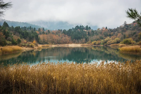 Paisaje otoñal con aguas verdes del lago Tsivlos, Peloponeso , — Foto de Stock