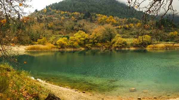 Paesaggio autunnale con acque verdi del lago Tsivlos, Peloponneso , — Foto Stock