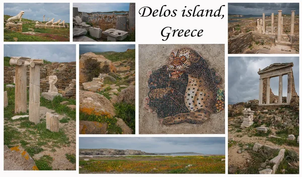 Collage of photos from the Greek island of Delos, Cyclades archi 免版税图库照片
