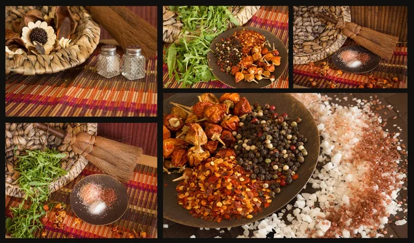 Colagem com imagens de sal, pimenta, especiarias — Fotografia de Stock