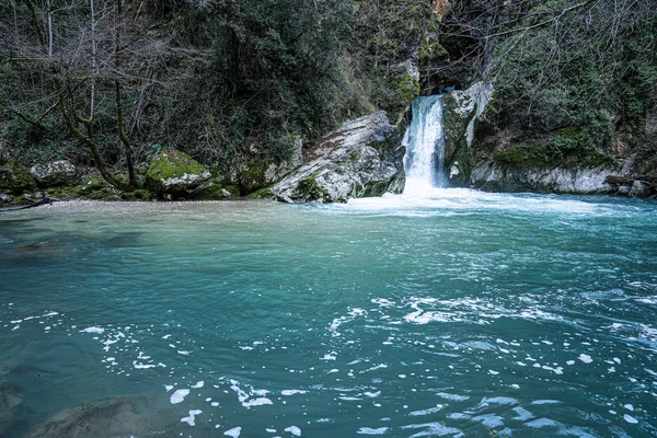 Waterfall on Lake Saint Benedict near city of Subiaco,  Italy