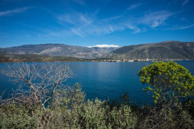 Arkasında karla kaplı dağlar olan deniz manzarası, Gree.