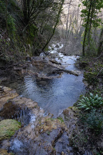 Festői erdő táj közelében Vallocchie vízesés Castel — Stock Fotó