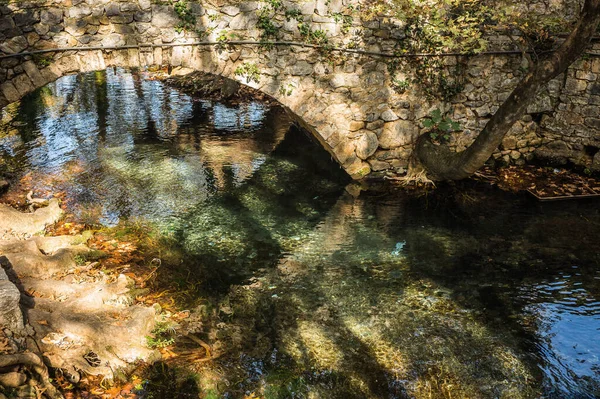 Autumn Landscape River Bridge Livadia Greece — Stock Photo, Image