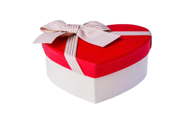 Beautiful Heart-shaped red white gift box with bow. Happy Women's Day or Christmas and New Year present gift. Isolated — Stock Photo, Image