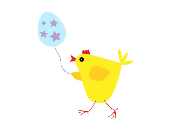 Galinha de Páscoa feliz com ovo de balão no fundo branco, ilustração plana vetorial, cartão de saudação. — Vetor de Stock