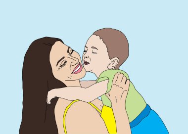 Anne ve bebek. Anneler Günü, 8 Mart. Anne oğlunu kucağına alır. Çocuk annesini öper. El çizimi vektör illüstrasyonu