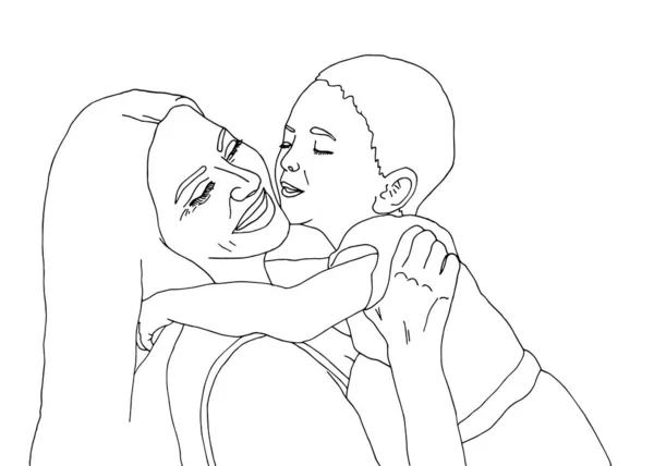 Mãe e bebê.Dia das Mães, 8 de março. Mãe segura filho. Criança beija mãe. Desenho manual ilustração vetorial — Vetor de Stock