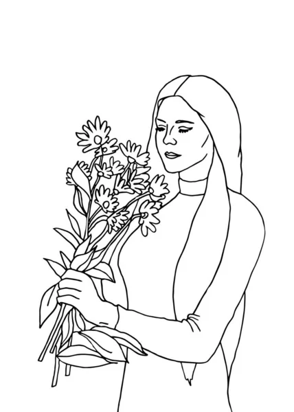 Hermosa chica sosteniendo un ramo de flores amarillas. Primavera, feliz día de las mujeres. Feliz Día de las Madres. Ilustración vectorial . — Archivo Imágenes Vectoriales