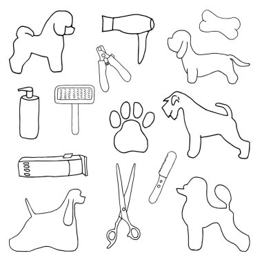 Köpek bakımı salonu. Fino, Schnauzer, Dandie Dinmont Terrier, Bichon Frise, Cocker Spaniel, tımar araçları vektörü