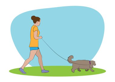 Evcil köpekle yürüyen genç bir kadın. Köpek gezdirici. Arkadaşlık. Köpek gezdirme kavramı. Vektör illüstrasyonu. 