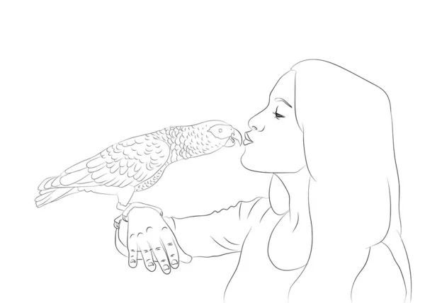 Portrait de fille tenant perroquet à portée de main. Perroquet gris africain jaco et son propriétaire. Illustration de lignes vectorielles réalistes . — Image vectorielle