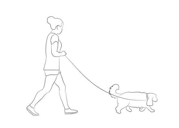 Jovem caminhando com cão de estimação. Caminhante de cães. Amizade. Conceito de passear cães. Ilustração vetorial. Sílhueta de contorno . —  Vetores de Stock
