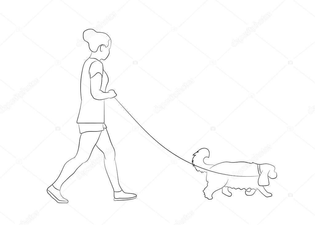 Young woman walking with pet dog. Dog walker. Friendship. Dog walking concept. Vector illustration. Outline silhouette.
