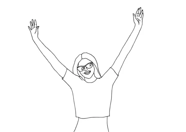 Šťastná usměvavá žena nosí sluneční brýle a zvedá ruce na bílém pozadí.Vektorová čára ilustrace ručně kreslené. — Stockový vektor