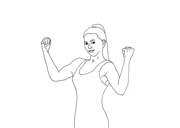 En stark kvinna. Feminism, idrott, fitness. Linje konst hand dras isolerad på vit bakgrund. Vektorillustration. — Stock vektor