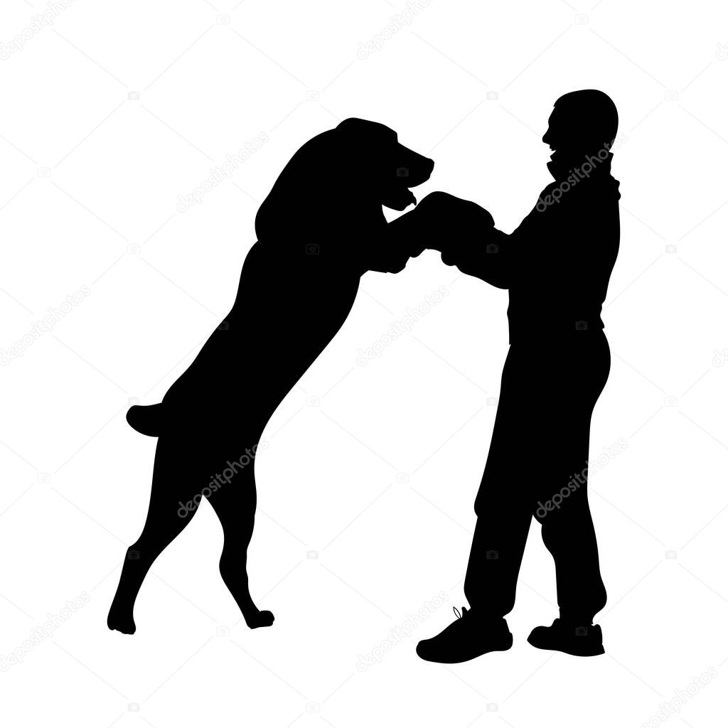 Dog plays and man owner. Friendship. Man having fun with Central Asian Shepherd Alabai. Vector illustration silhouettes